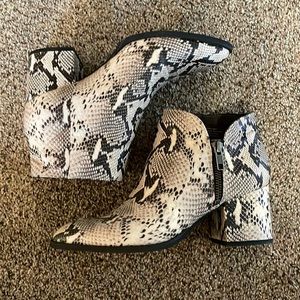 Seychelles black and white snake skin booties